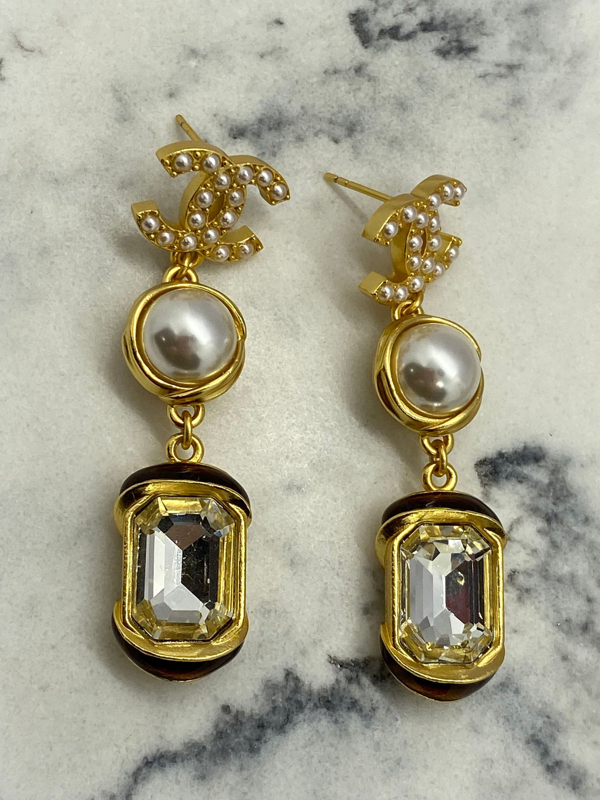 CHANEL CC Gold Tone Rhinestone Pendant Earrings - USED