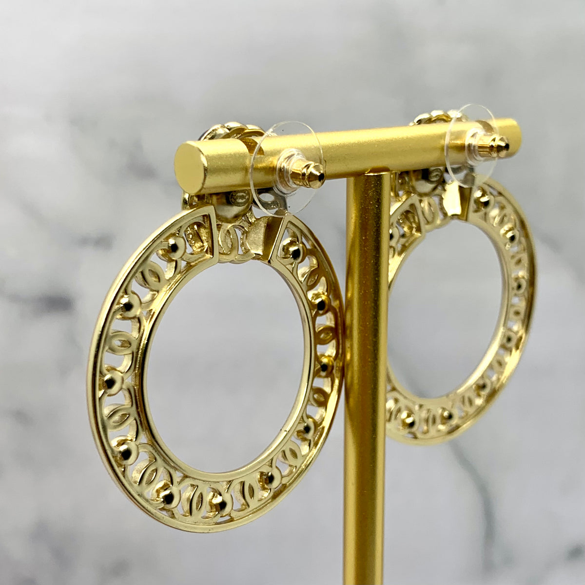 CHANEL CC 2019 Gold Rhinestone Hoop Earrings - USED