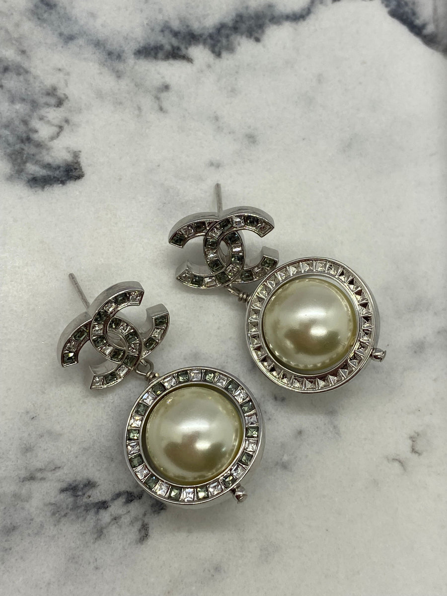 CHANEL CC Silver Tone Rhinestone Pearl Pendant Earrings - USED
