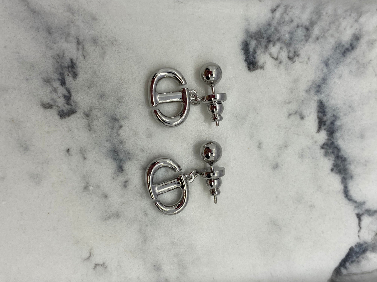 CHRISTIAN DIOR CD Silver Tone Monogram Earrings - Pre owned