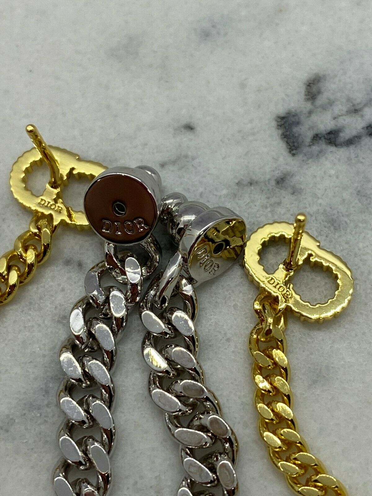 CHRISTIAN DIOR CD Silver & Gold Chain Pendant Earrings - USED
