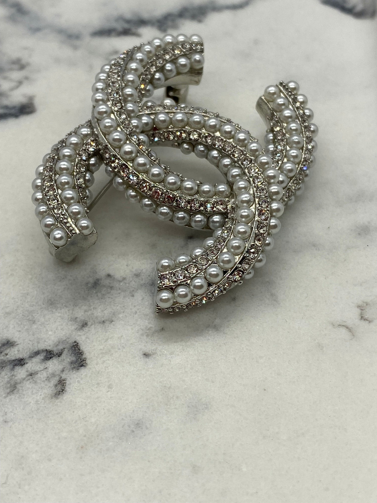 CHANEL CC Silver Tone Pearl Rhinestone Brooch Pin - USED