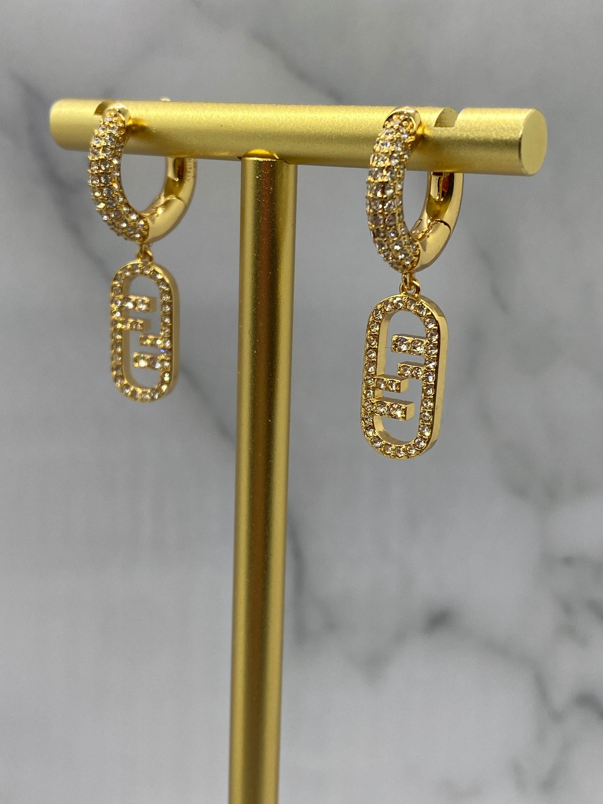 FENDI F Gold Tone Rhinestone Pendant Earrings - Pre owned
