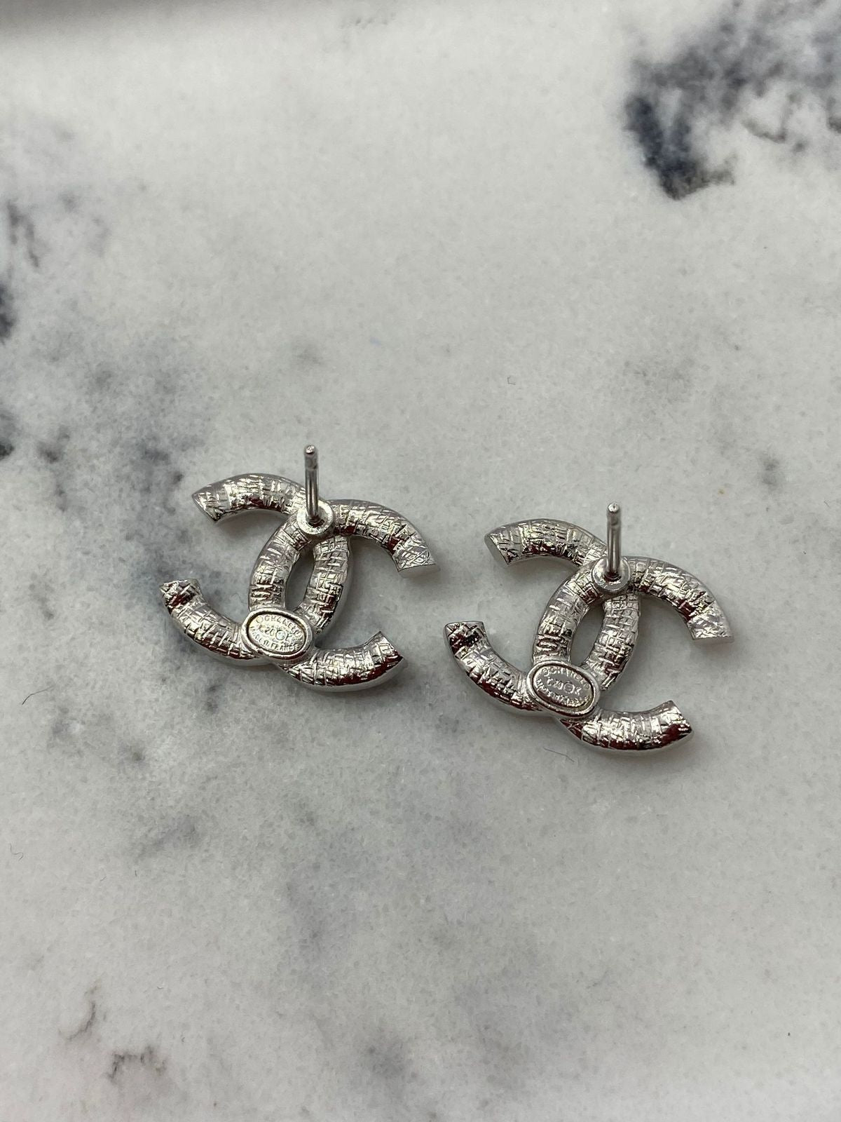CHANEL CC Silver Tone Rhinestone Earrings - Pre owned