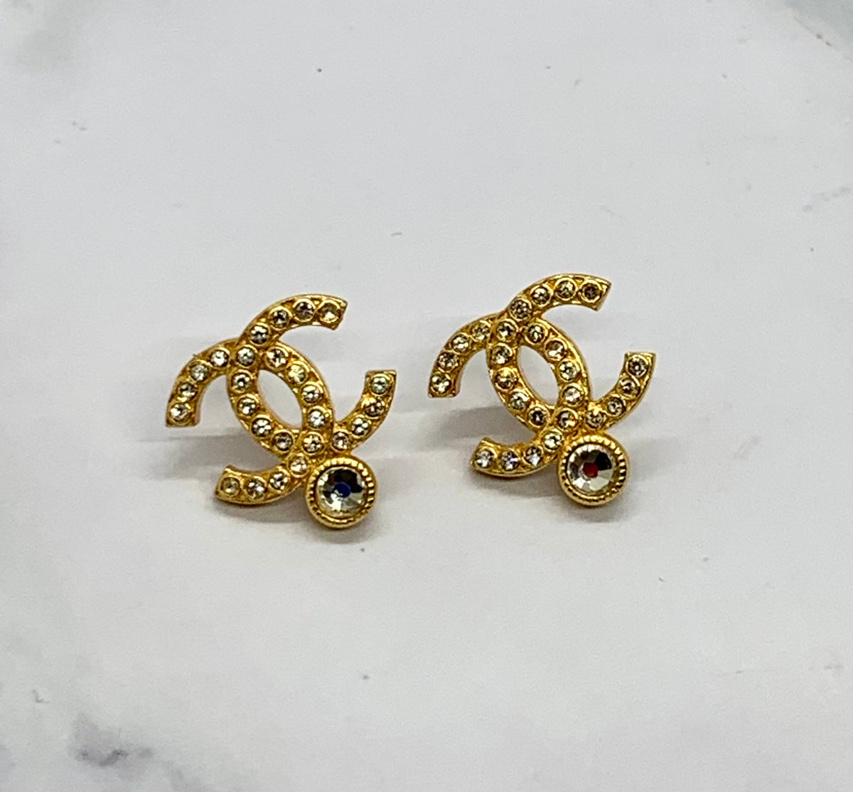 CHANEL CC Gold Tone Rhinestone Earrings - USED