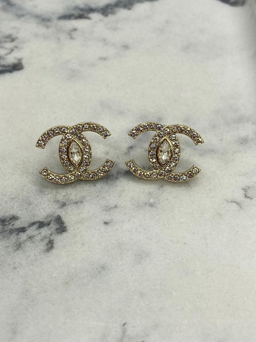 CHANEL CC Gold Tone Rhinestone Earrings - Pre owned