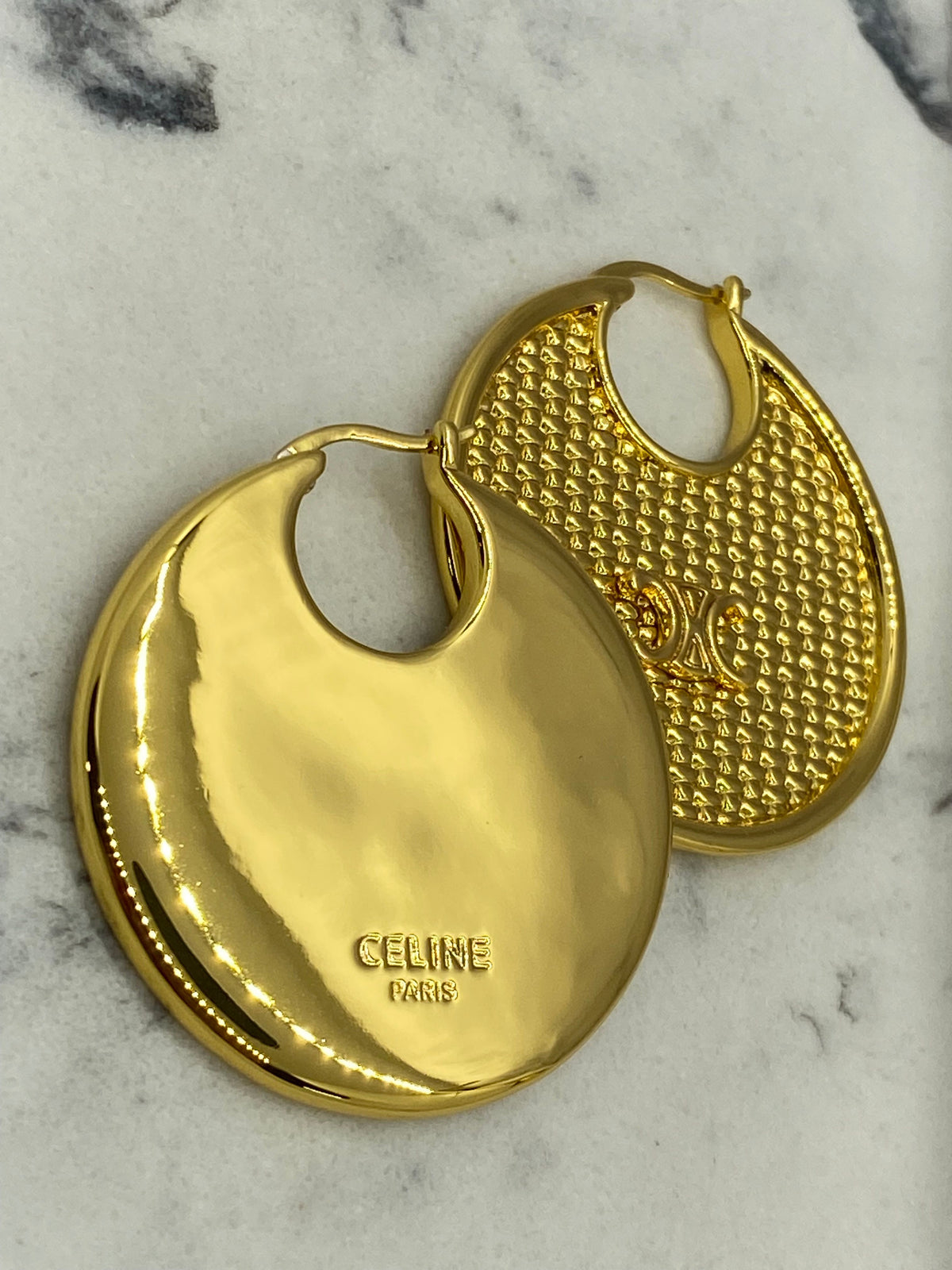 CELINE Gold Tone Monogram Hoop Earrings - Pre owned