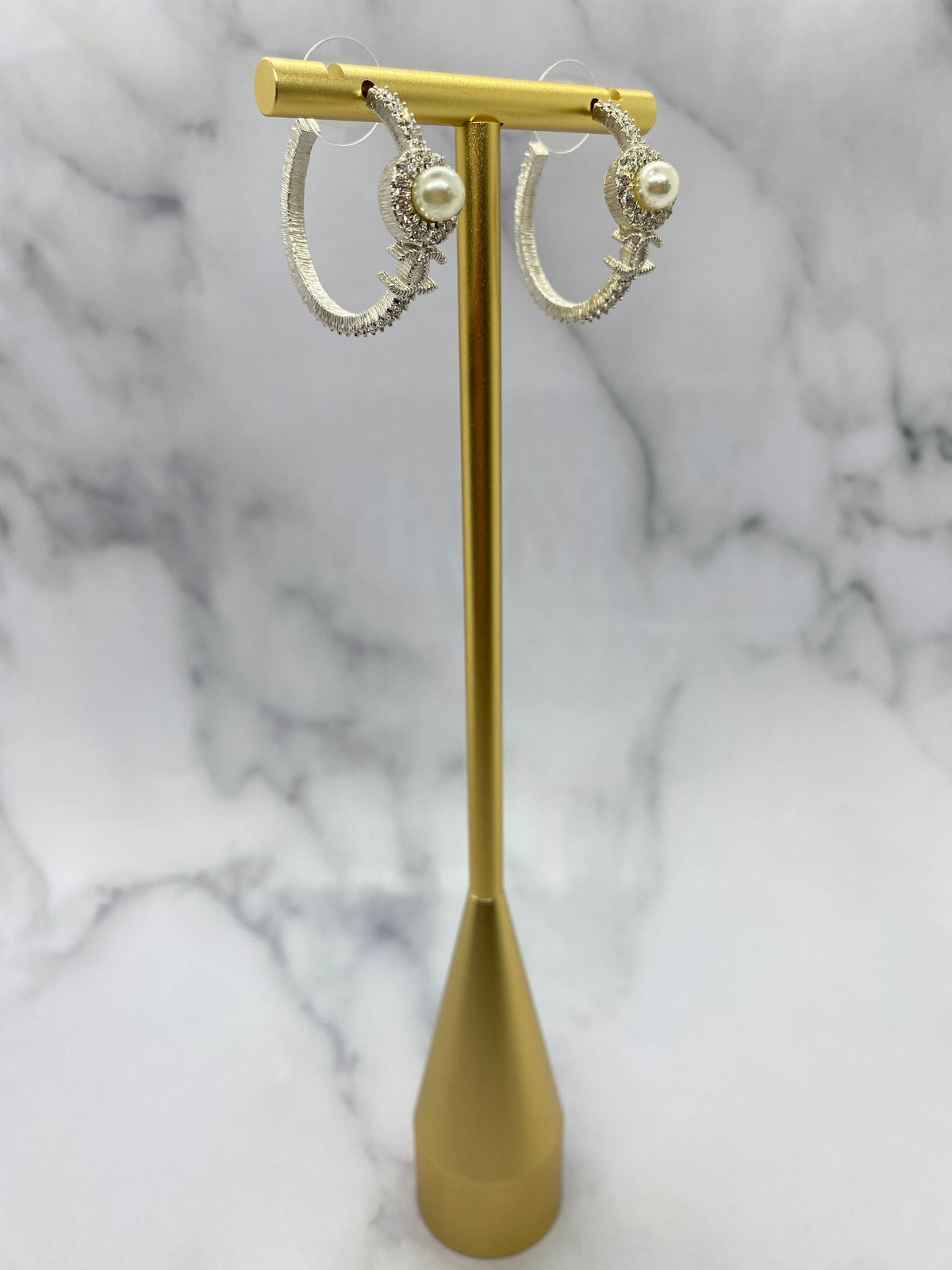 CHANEL CC Silver Tone Pearl Hoop Earrings - USED