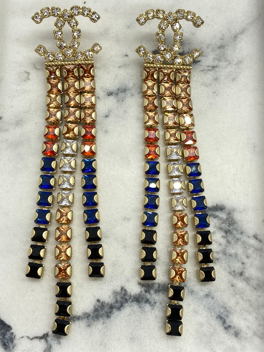 CHANEL CC 2019 Rhinestone Multicolored Fringe Earrings - Pre owned