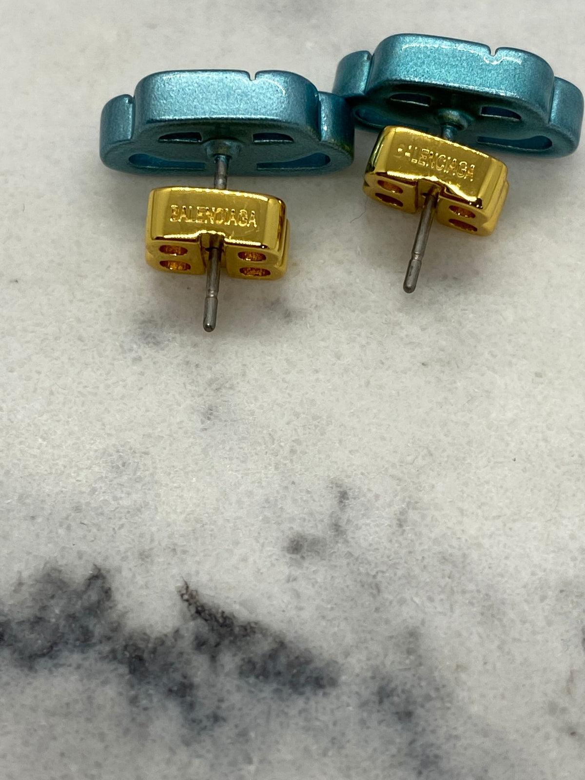 BALENCIAGA Teal Colored BB Earrings - Pre owned