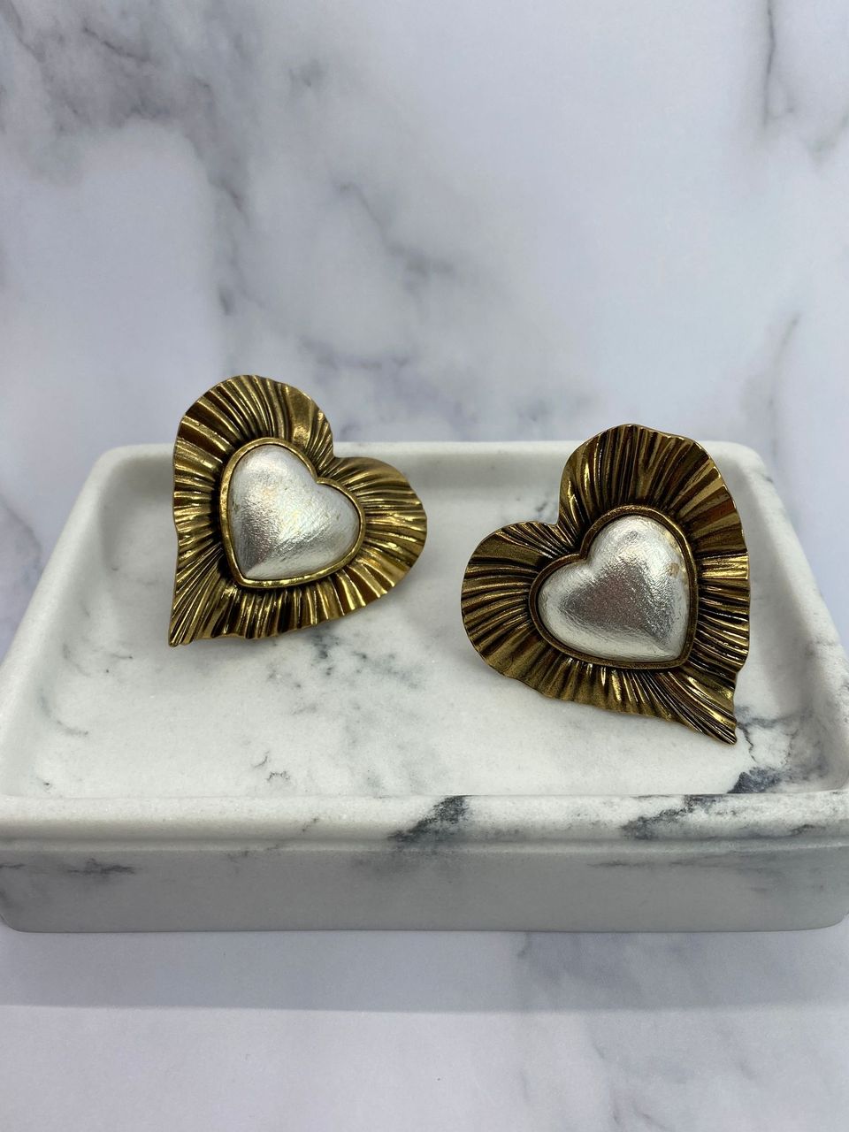 YSL YVES SAINT LAURENT Brass & Silver Heart Earrings - Pre owned