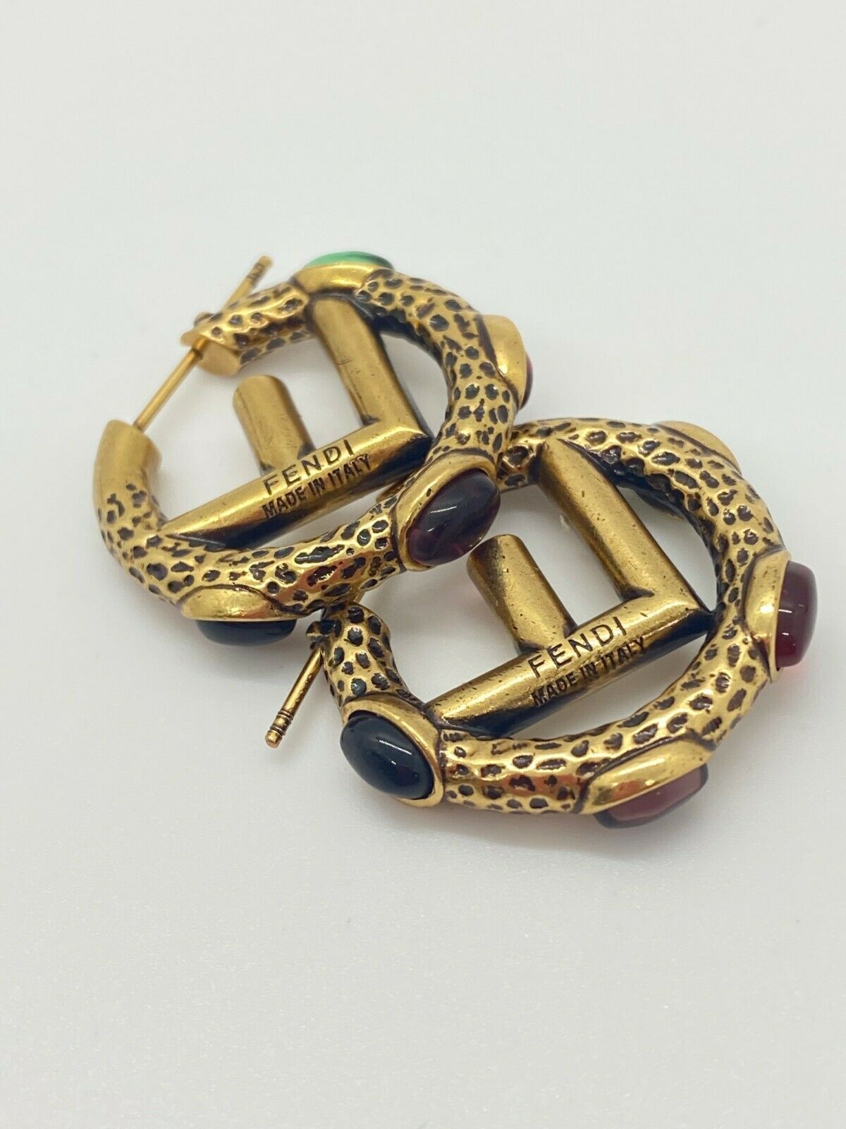 FENDI F Brass Tone Gem Encrusted Small Hoop Earrings