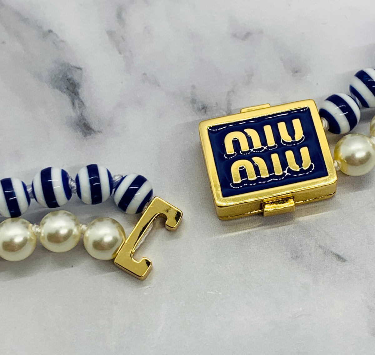 MIU MIU Pearl & Blue Striped Necklace - Pre owned