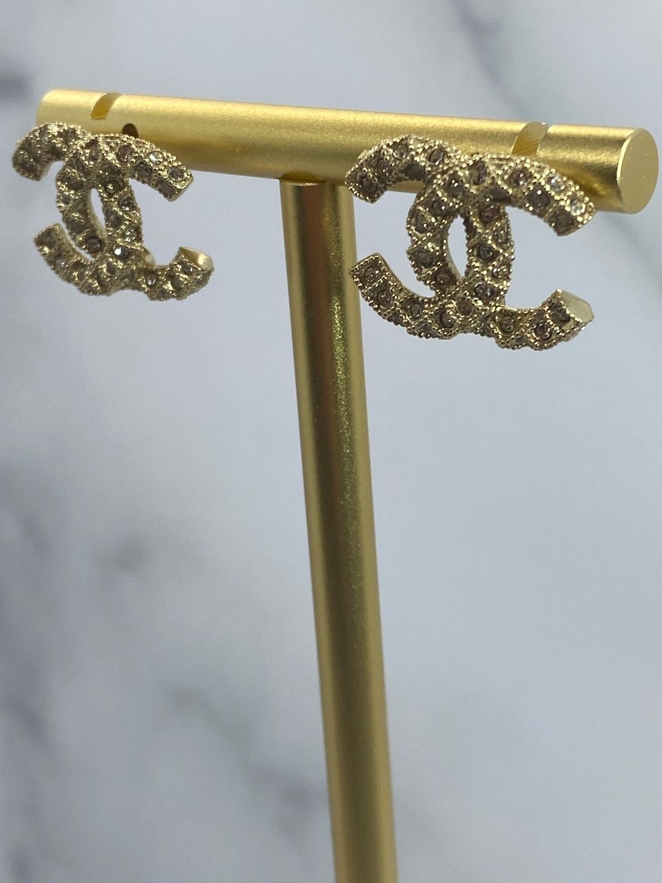 CHANEL CC Gold Tone Rhinestone Earrings - Pre owned