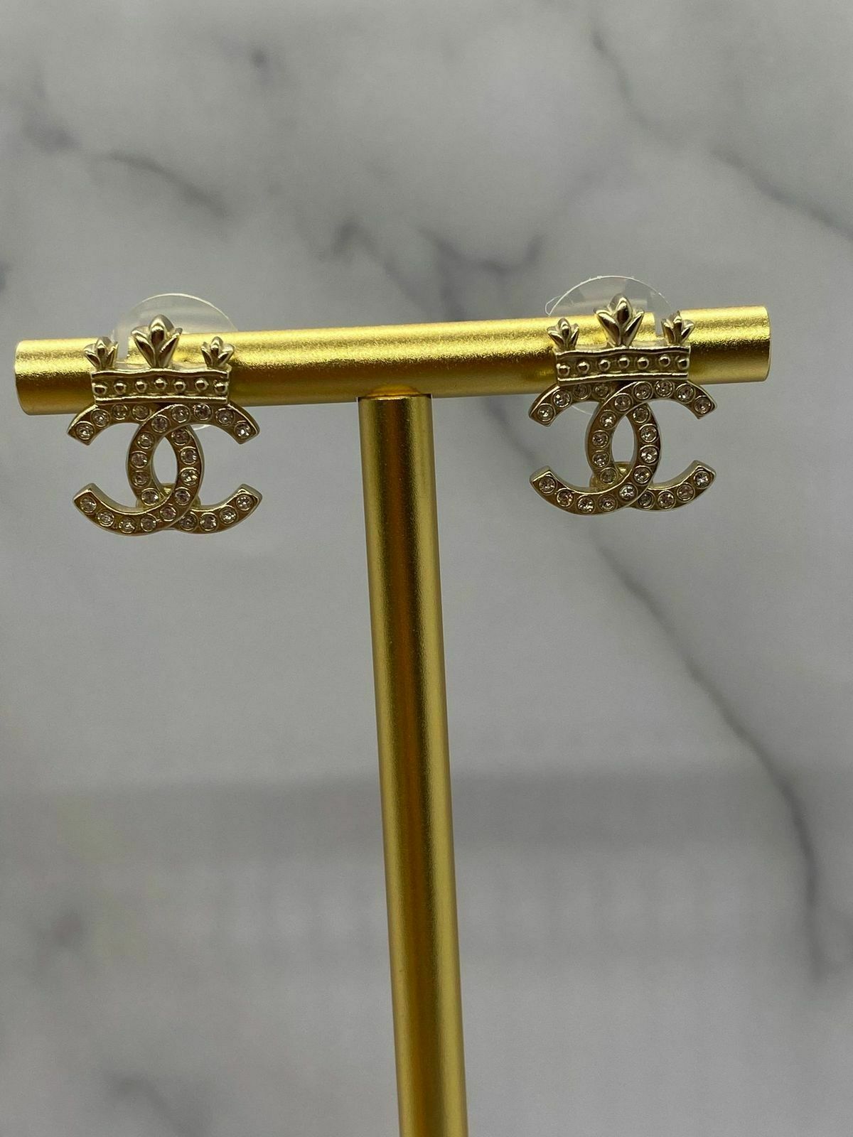 CHANEL CC Gold Tone Rhinestone Crown Earrings - USED