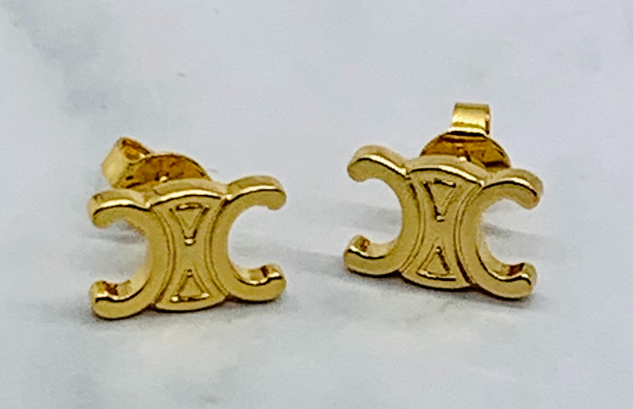 CELINE Monogram Gold Tone Earrings - Pre owned
