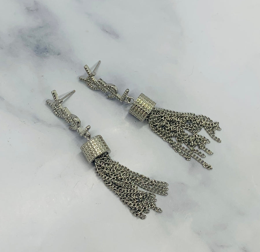 YSL YVES SAINT LAURENT Silver Tone Tassel Earrings - Pre owned