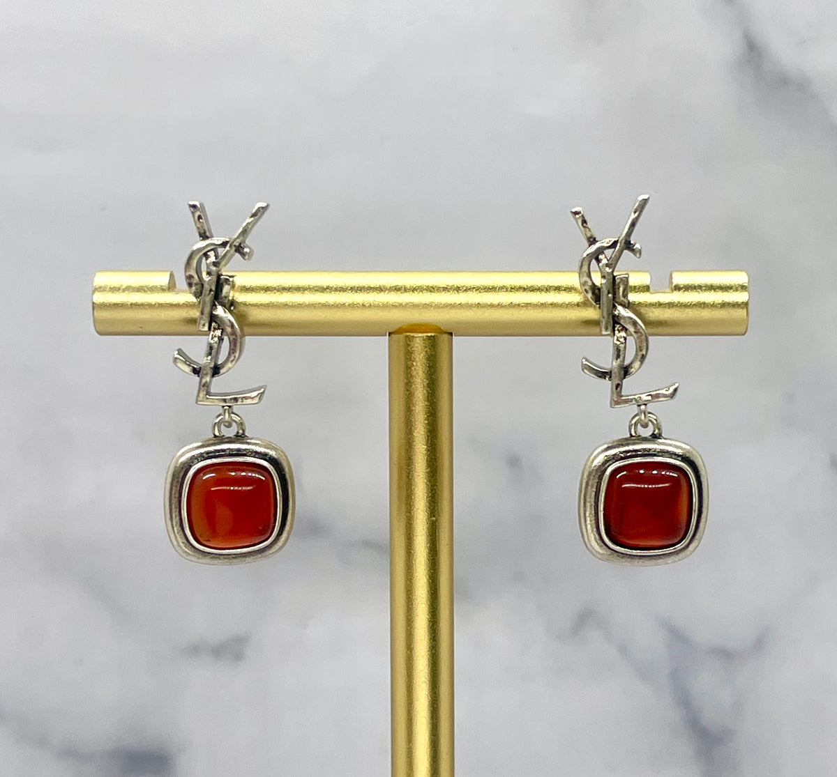 YSL YVES SAINT LAURENT Red Stone Pendant Monogram Earrings - Pre owned