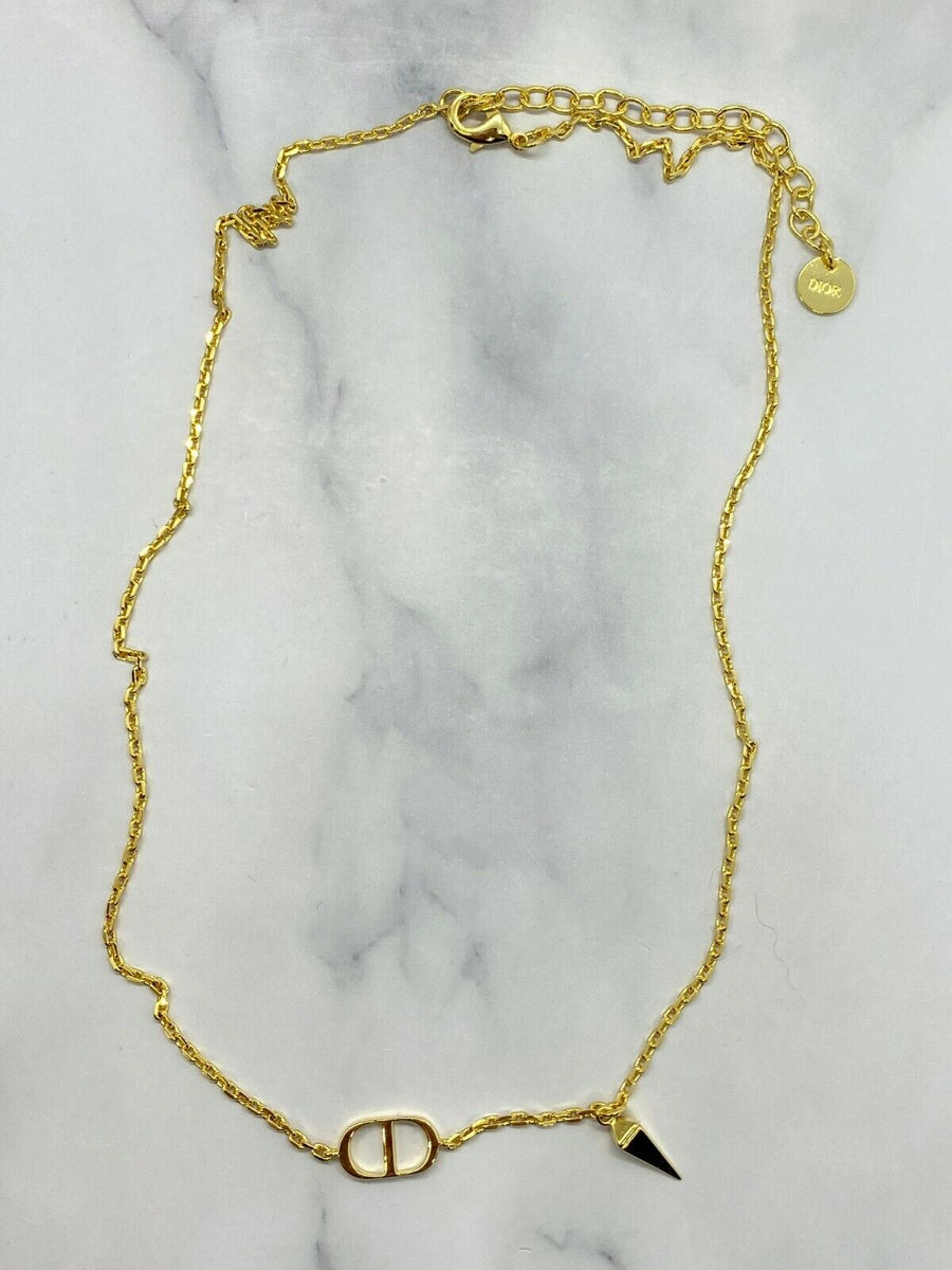 CHRISTIAN DIOR CD Gold Tone Spike Charm Necklace - USED