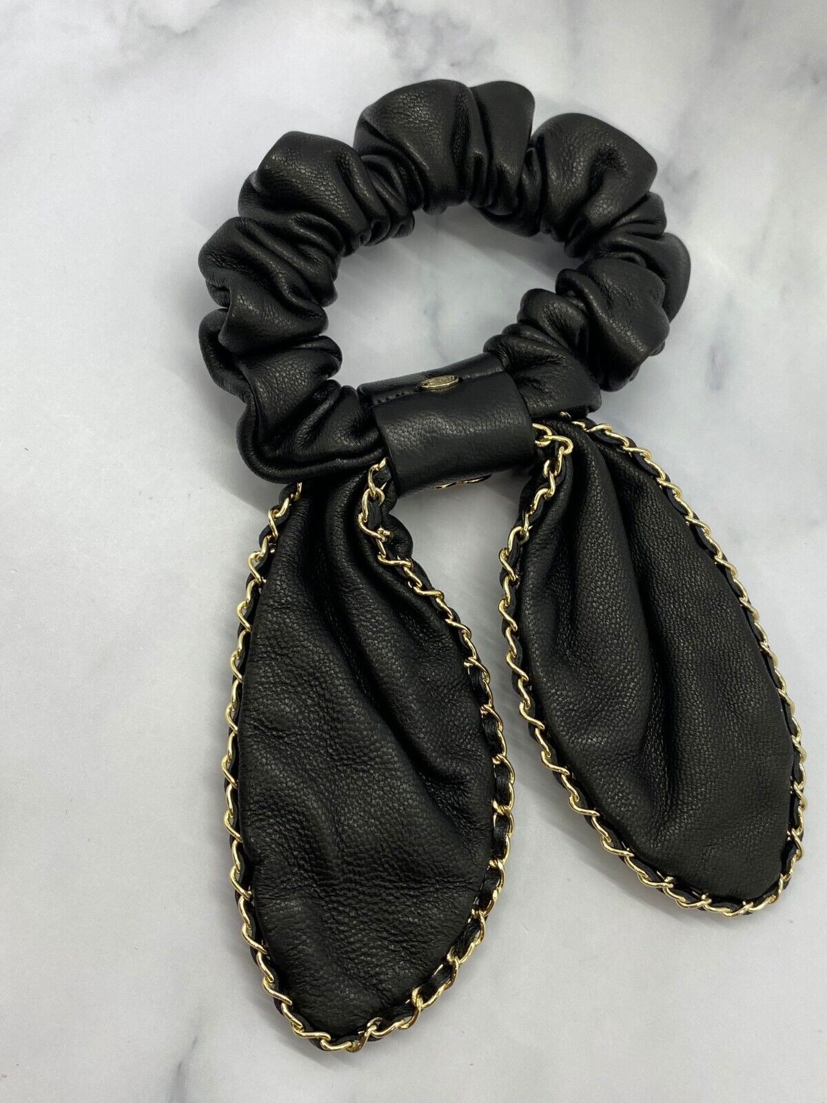 CHANEL CC Leather Chain Trim Bow Hair Scrunchy - Pre owned