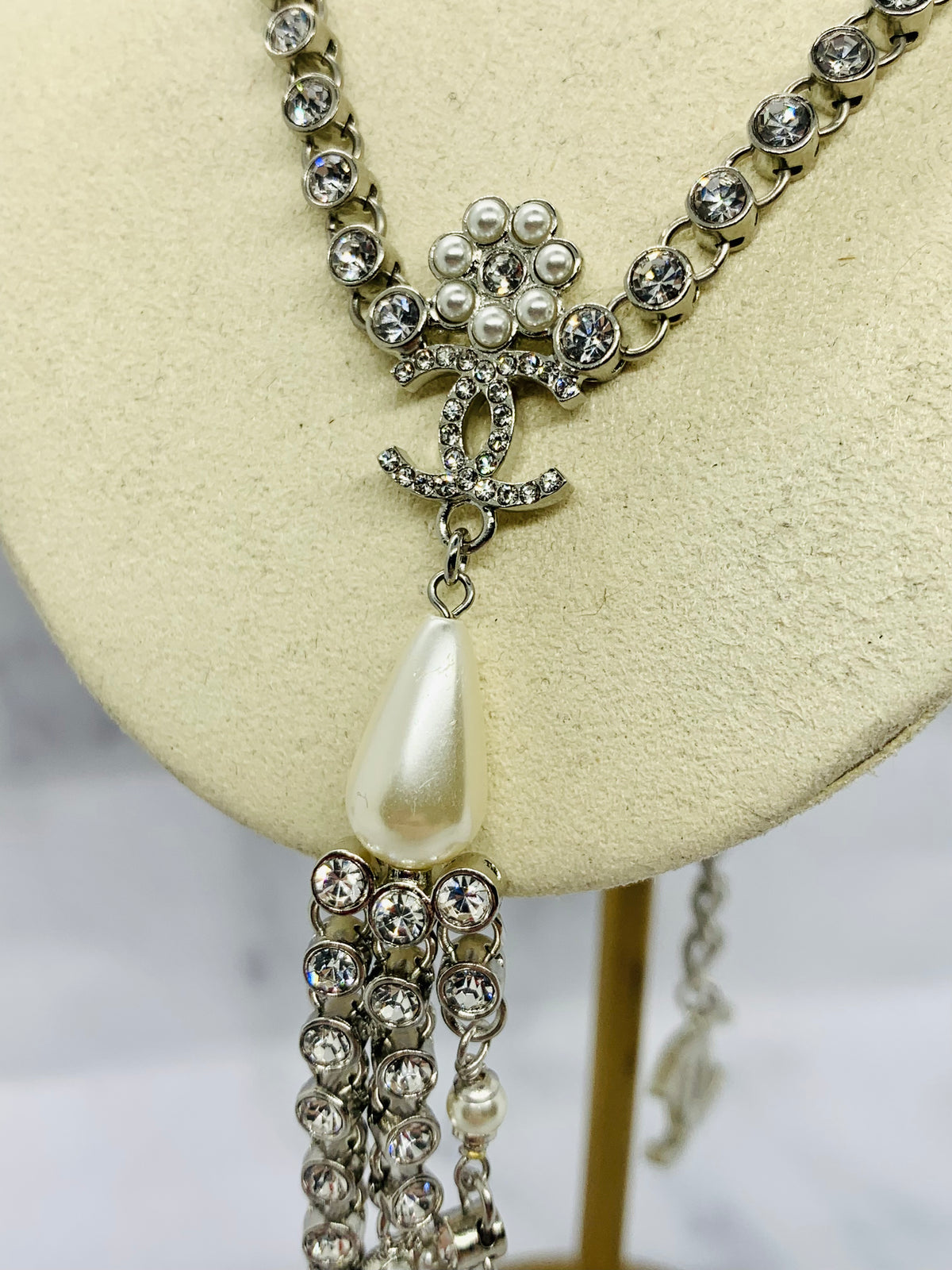 CHANEL CC Rhinestone Lariat Statement Necklace - USED