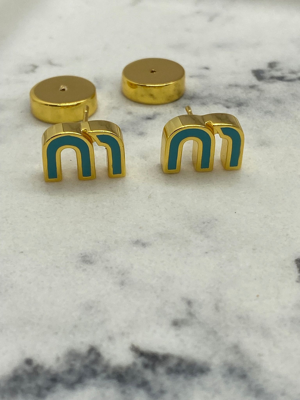 MIU MIU Blue and Gold Monogram Earrings - Pre owned
