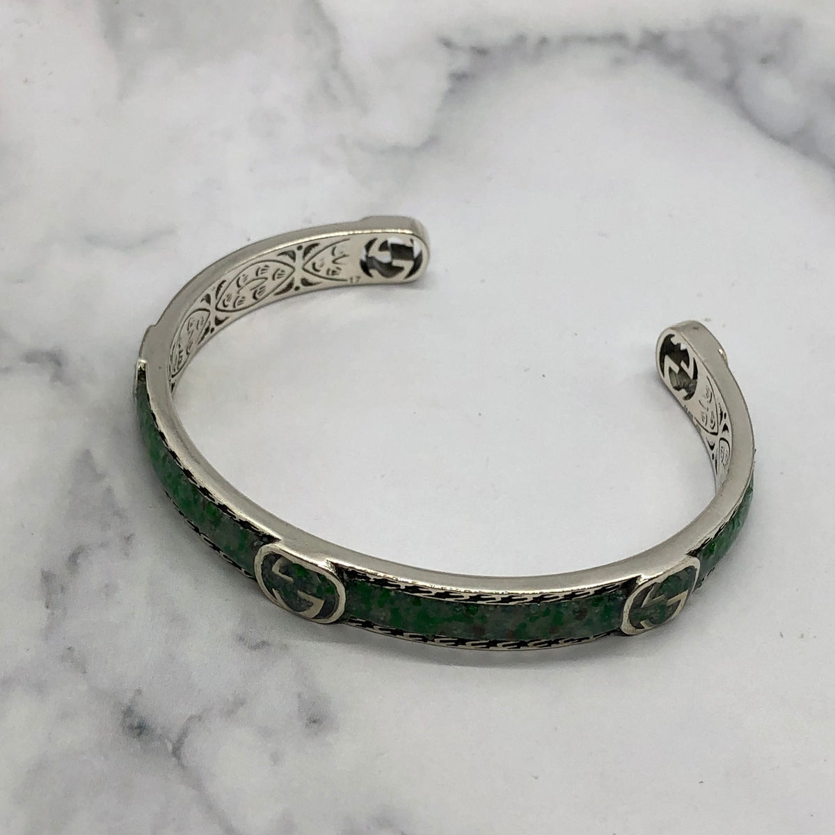 GUCCI GG Green Stripe Silver Cuff Bracelet - Pre owned