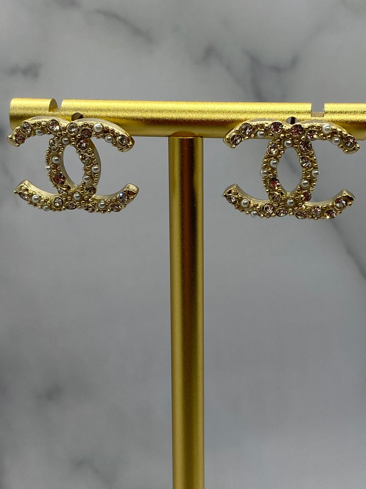 CHANEL CC Gold Tone Rhinestone Earrings - Pre owned