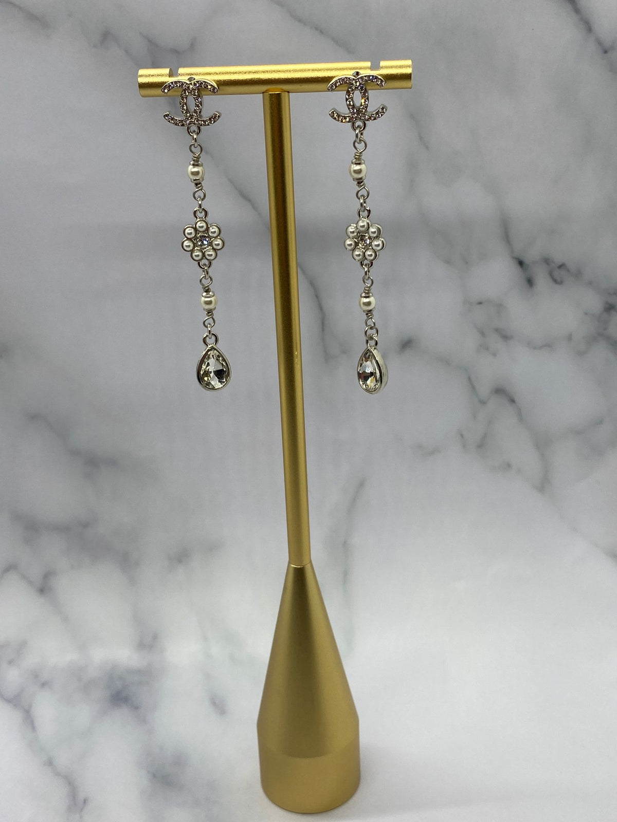 CHANEL CC Silver Tone Rhinestone Pendant Earrings - USED