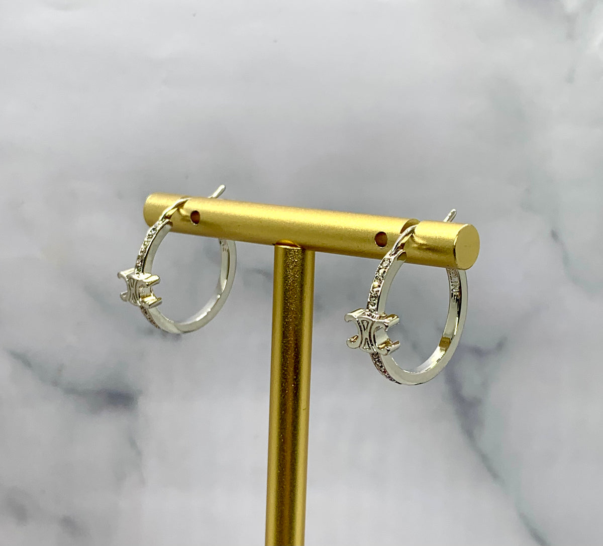 CELINE Silver Tone Rhinestone Monogram Hoop Earrings - Pre owned