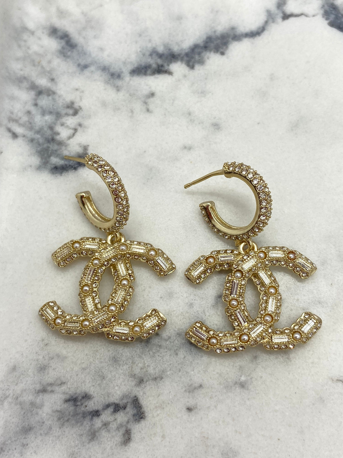 CHANEL CC Gold Tone Rhinestone Earrings - USED