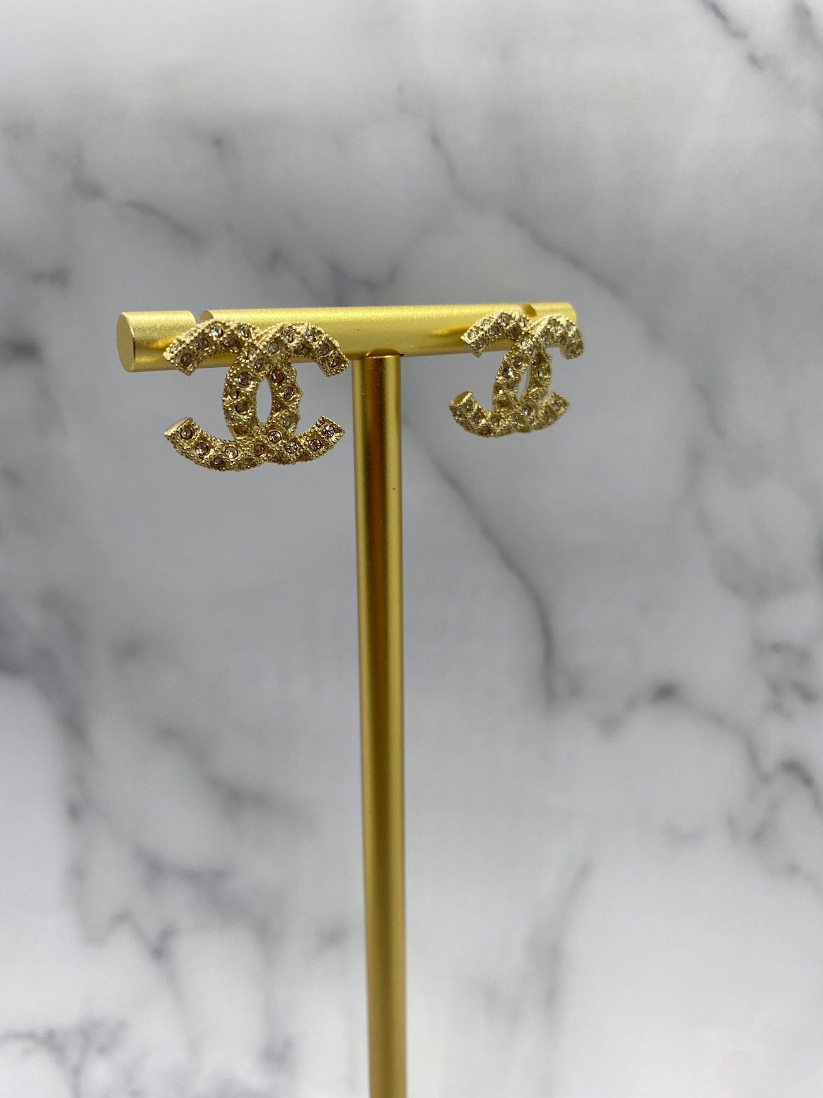 CHANEL CC Gold Tone Rhinestone Textured Earrings - USED