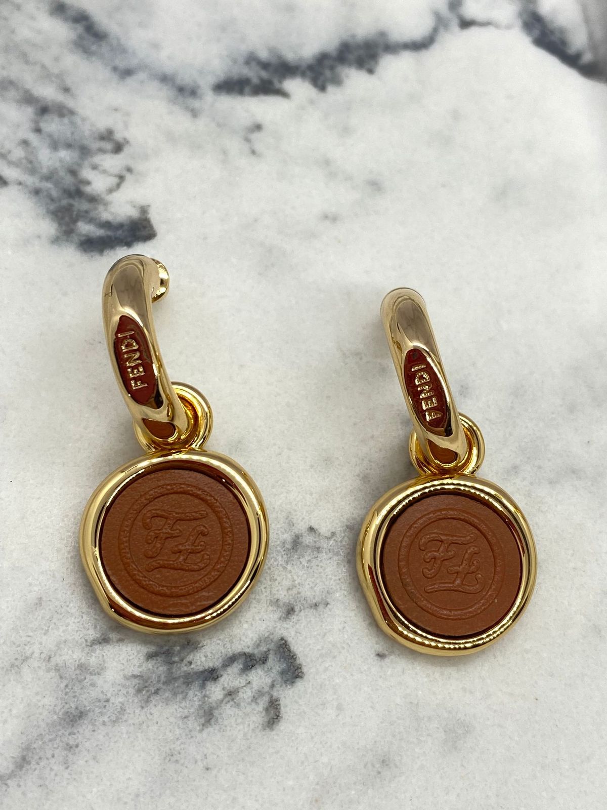 FENDI Gold Tone Monogram Earrings - Pre owned
