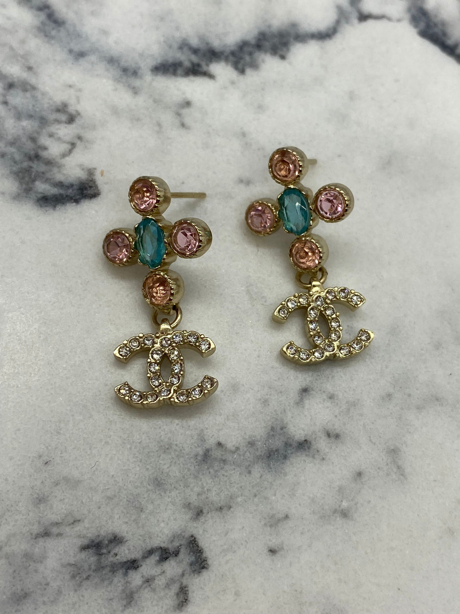 Auth CHANEL CC Rhinestone Flower Trim Pendant Earrings - USED