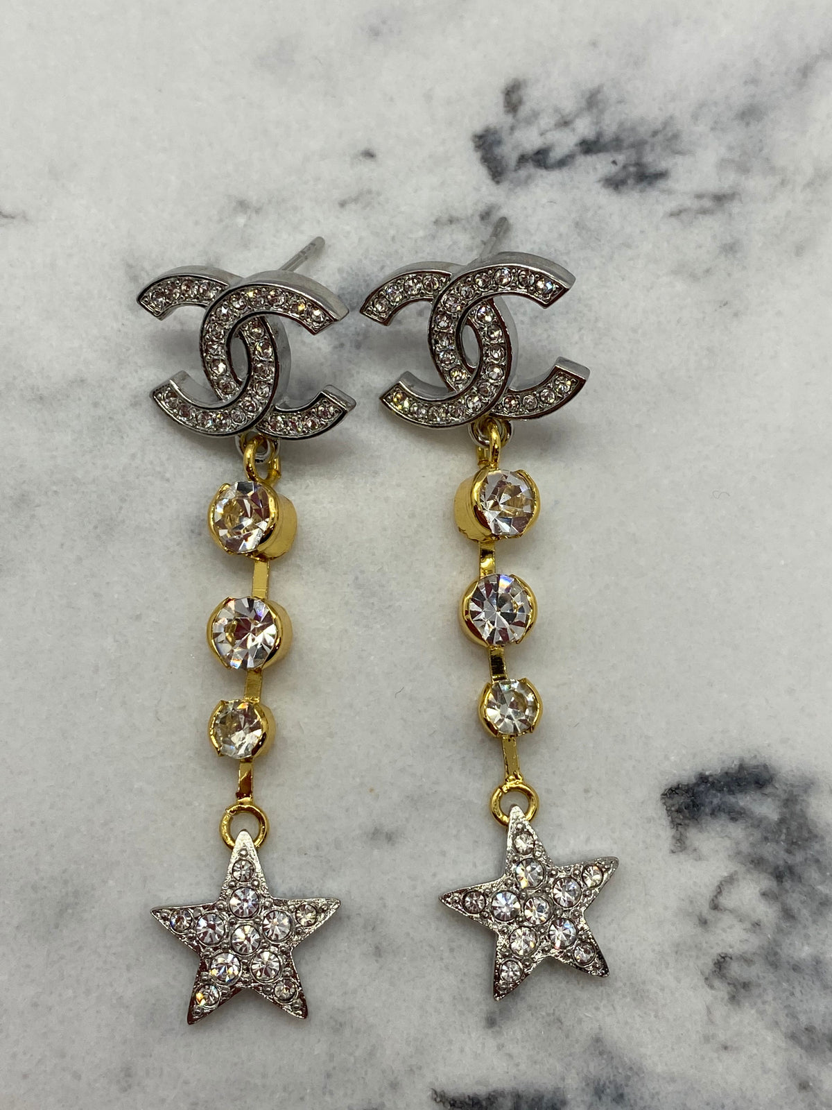 CHANEL CC Gold & Silver Star Pendant Earrings - Pre owned
