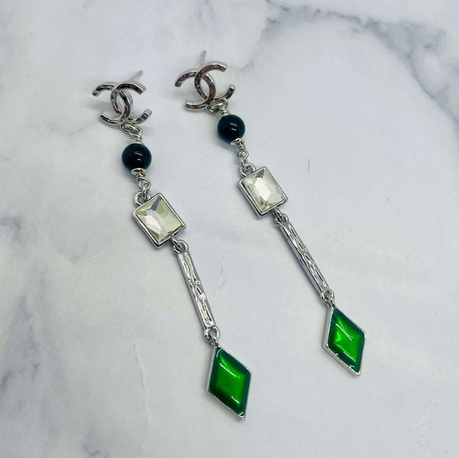 CHANEL CC Silver Tone Rhinestone Pendant Earrings - Pre owned