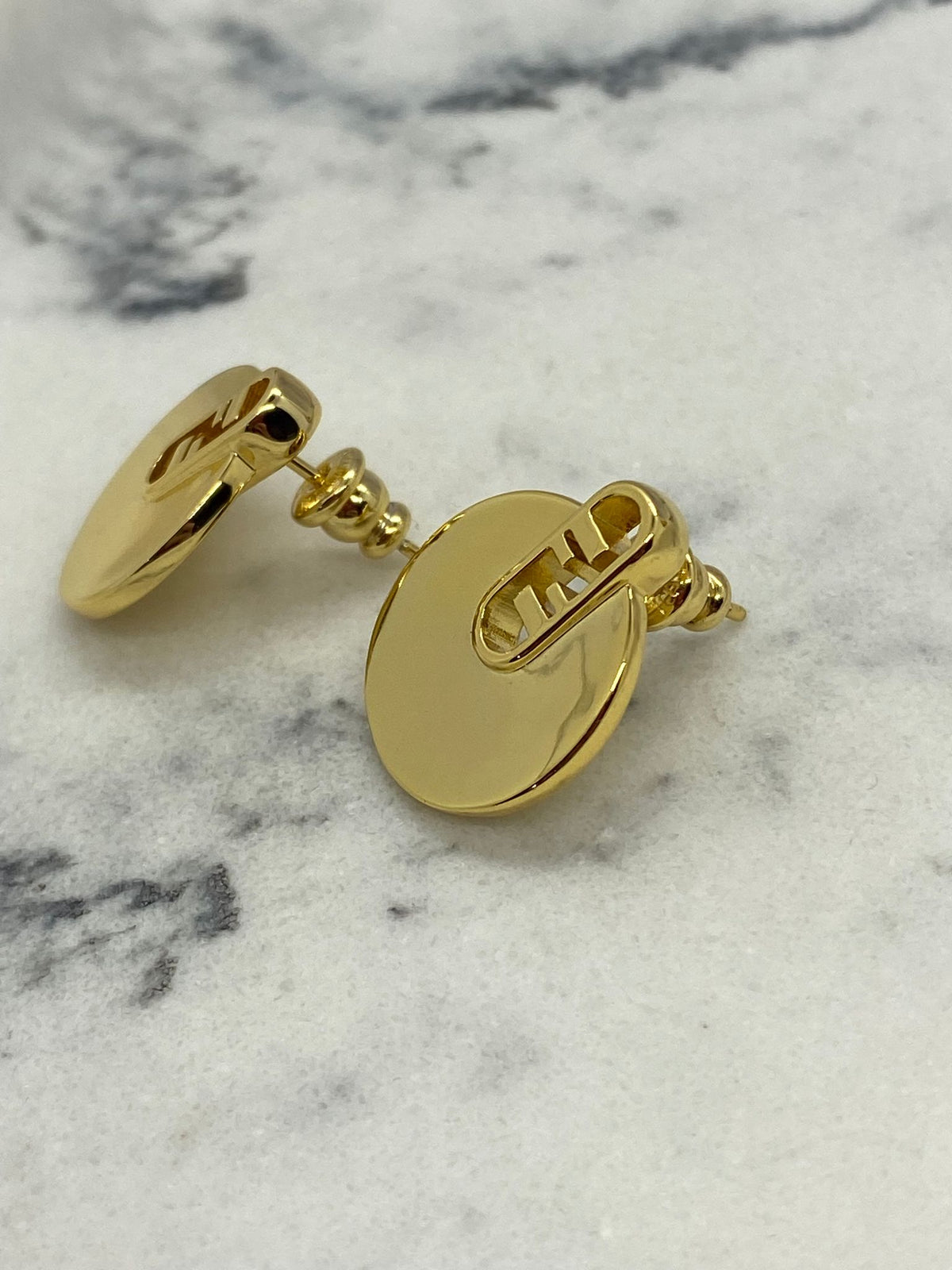 FENDI F Gold Tone Disc Monogram Earrings - Pre owned
