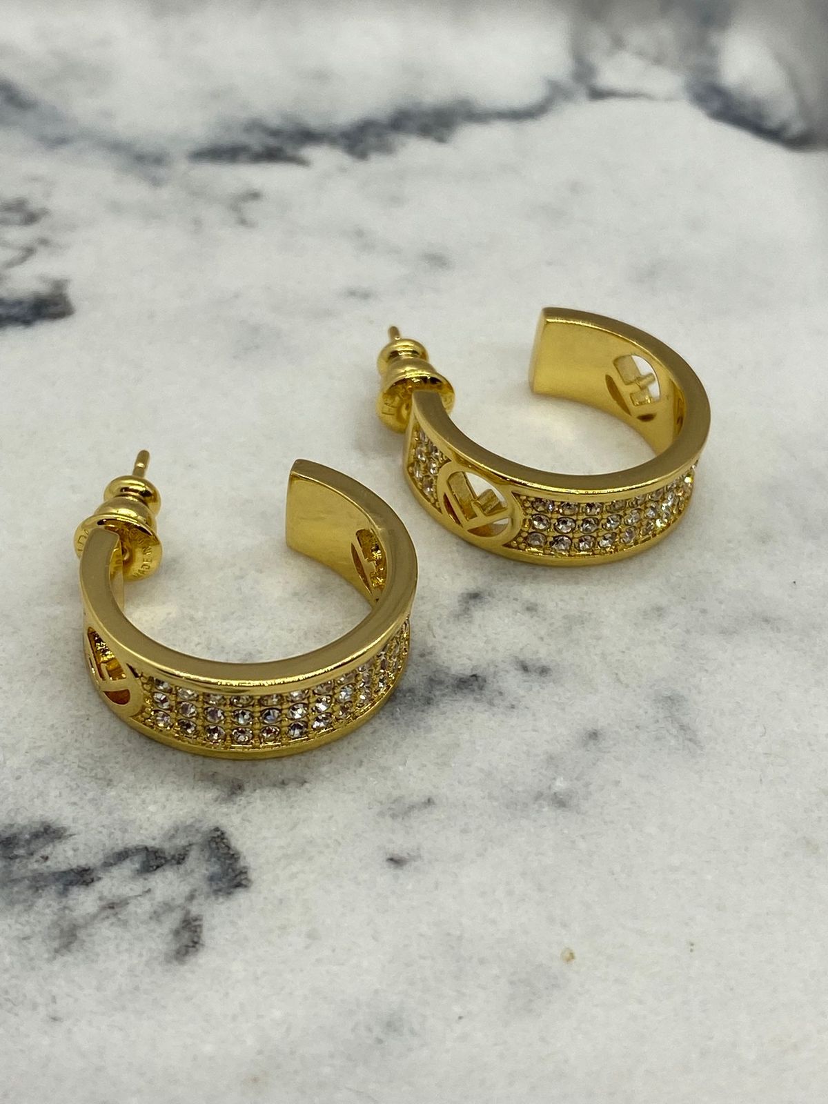 FENDI F Gold Tone Rhinestone Hoop Earrings - Pre owned