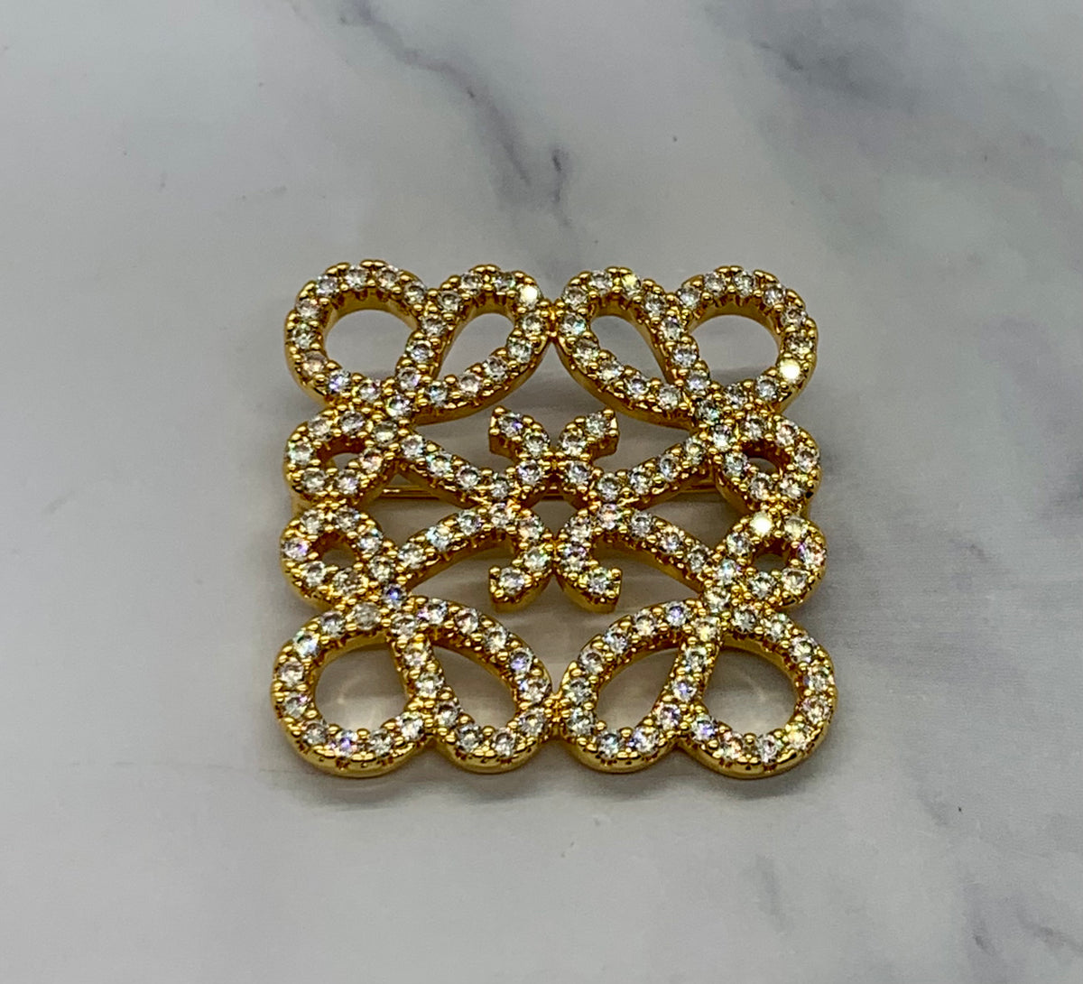LOEWE Monogram Gold Tone Rhinestone Brooch Pin - Pre owned