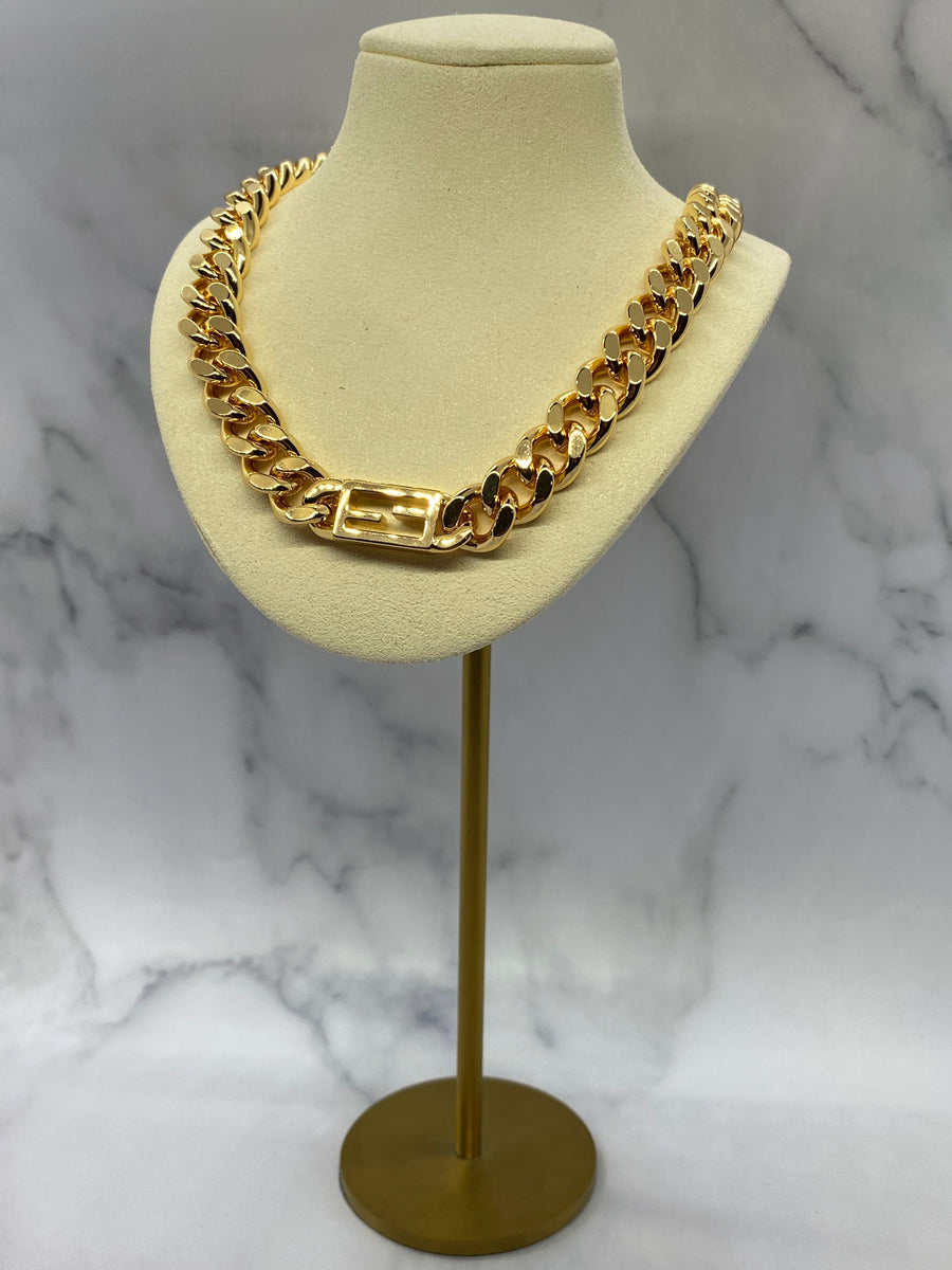 FENDI F Gold Tone Monogram Chain Necklace - Pre owned
