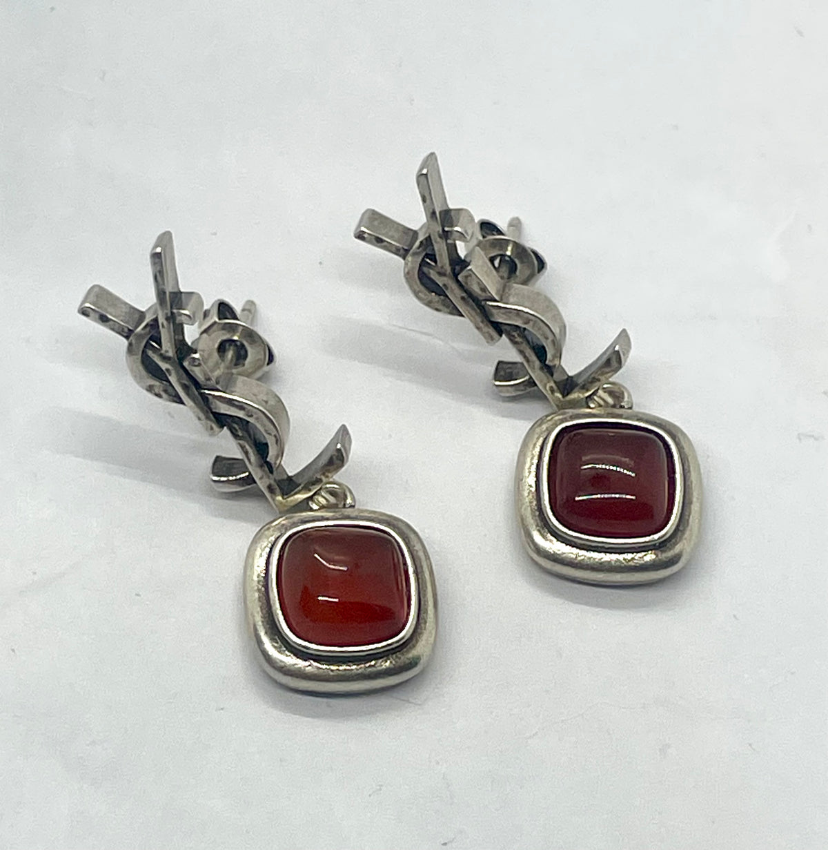 YSL YVES SAINT LAURENT Red Stone Pendant Monogram Earrings - Pre owned