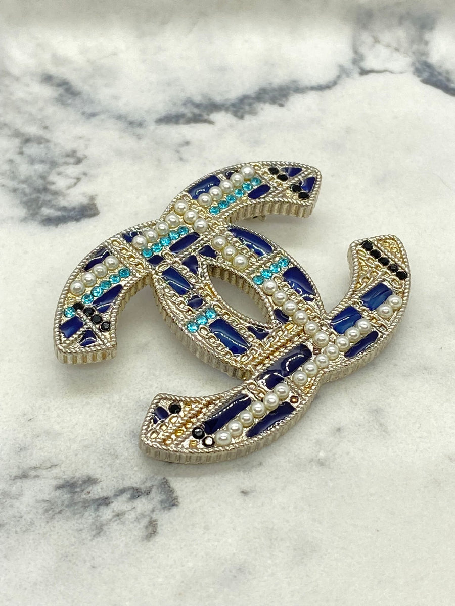CHANEL CC Silver Tone Blue Rhinestone Brooch Pin - USED