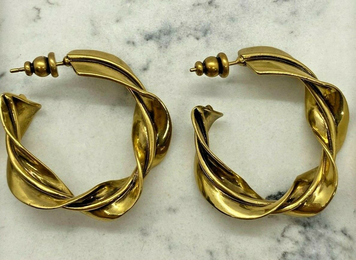 YSL Yves Saint Laurent Brass Tone Twisted Hoop Earrings - Pre owned