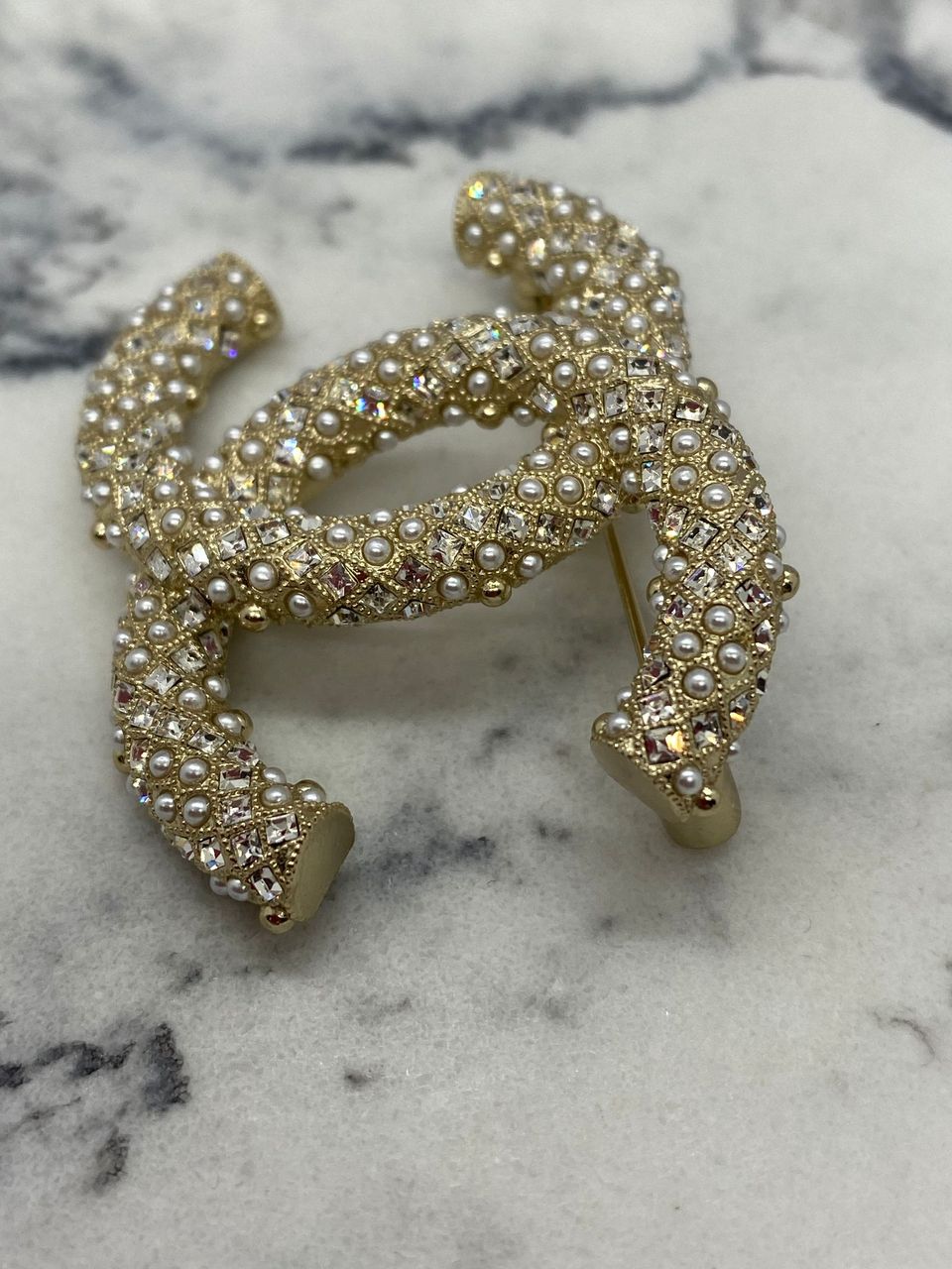 CHANEL CC Gold Tone Rhinestone Brooch Pin - USED