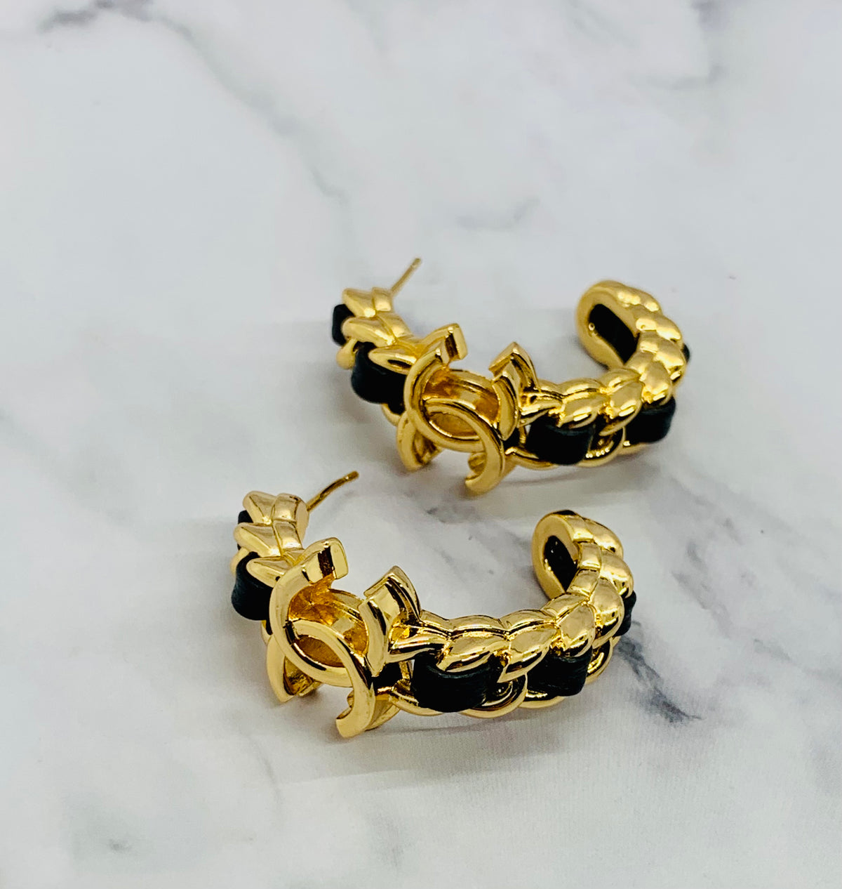 CHANEL CC Leather Trim Hoop Earrings - Pre owned