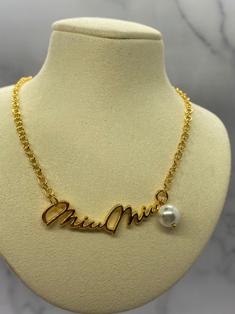 MIU MIU Gold Tone Signature Pearl Necklace - Pre owned