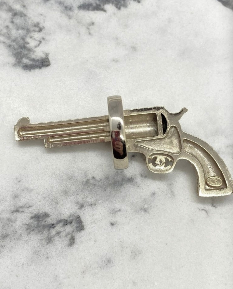 CHANEL CC Silver Tone Rhinestone Gun Ring Size 7 M - Pre owned