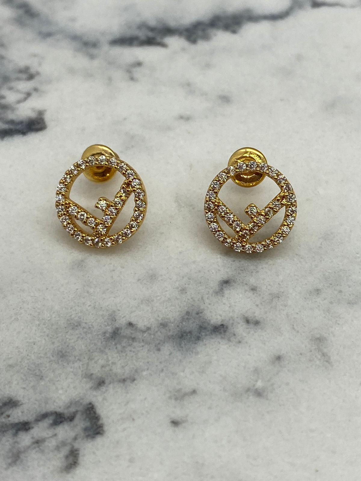 FENDI F Gold Tone White Rhinestone Small Earrings - Pre owned