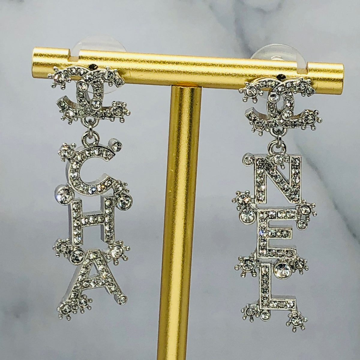 CHANEL CC Silver Tone Rhinestone Pendant Earrings - Pre owned