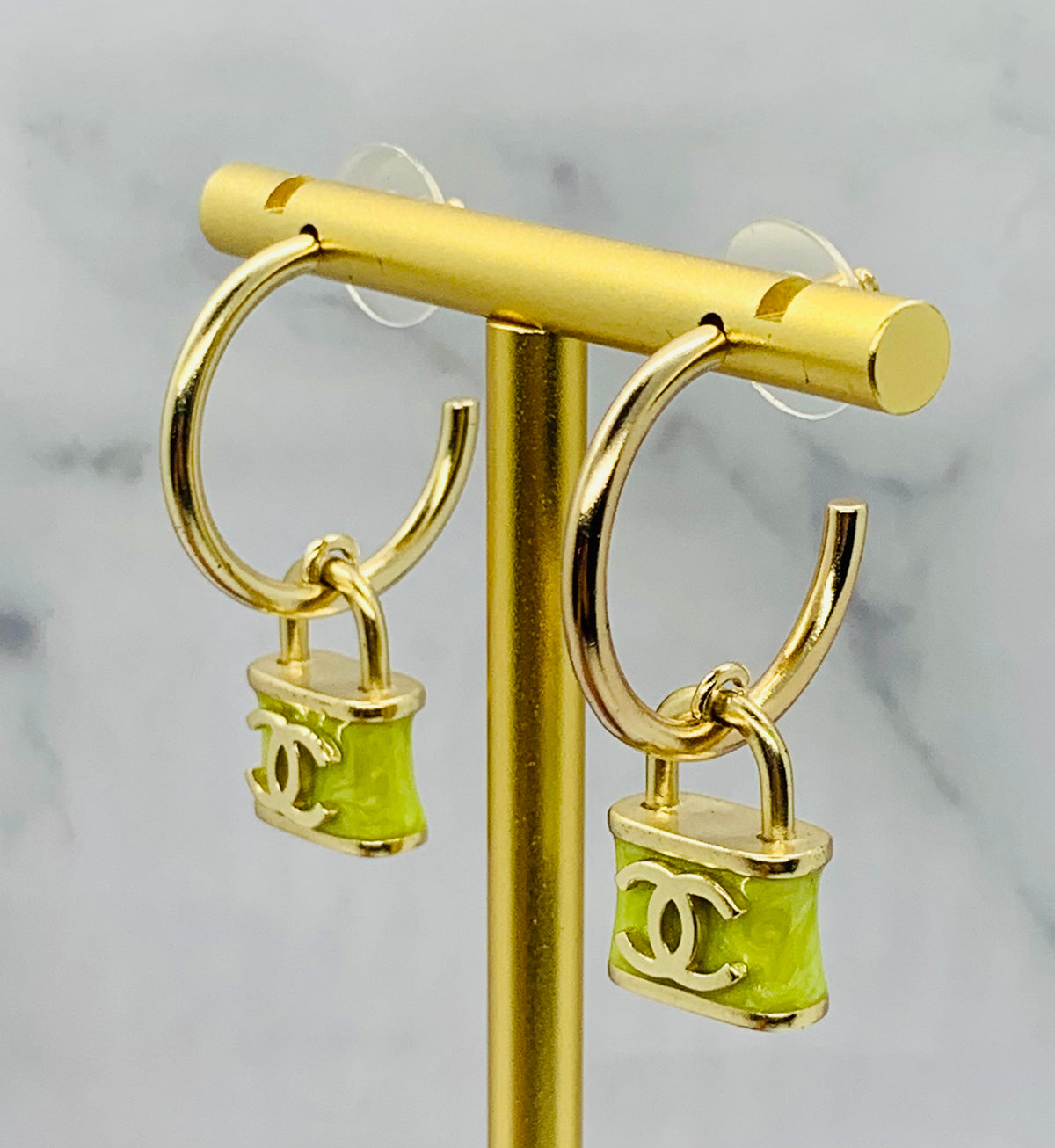 CHANEL CC Green Lock Pendant Hoop Earrings - USED